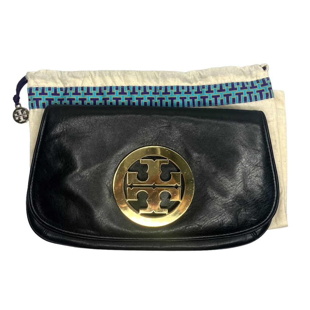 Tory Burch Reva Clutch Gold Amanda Black Leather